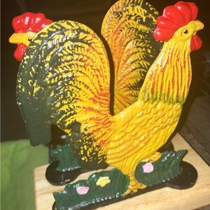Gorgeous, handcrafted, wrought iron rooster napkin holder on wood